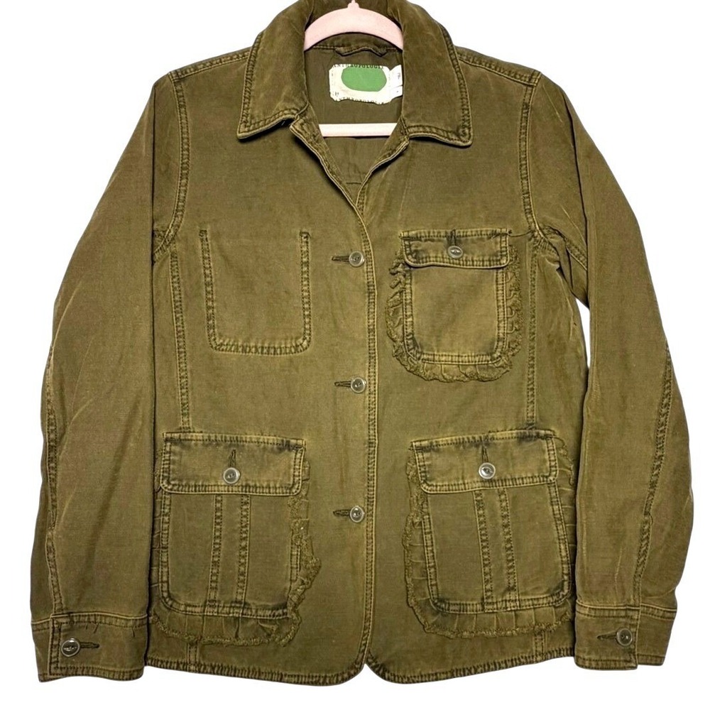 Anthropologie Cotton Canvas Utility Jacket Women S Olive Green Ruffle Trim EUC
